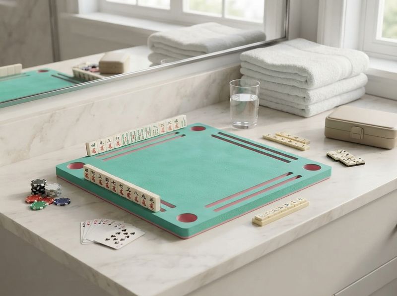 Foam game board with built-in cup holders beside a pool